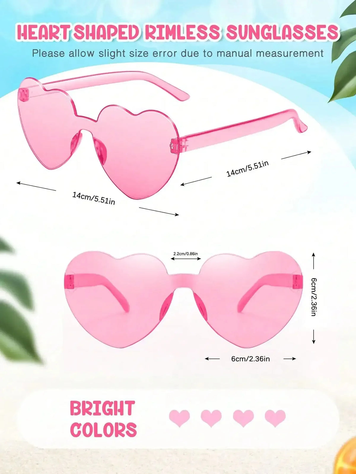 Pink heart-shaped rimless sunglasses shown in various bright colors with size measurements.
