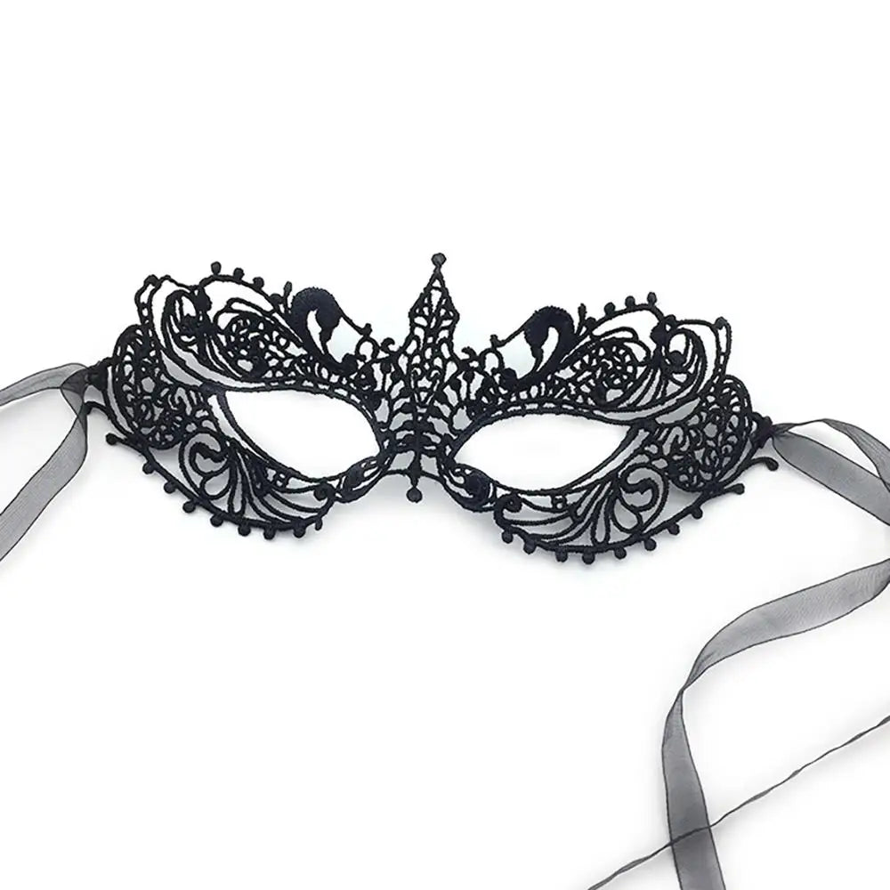 Black lace half-face mask with delicate floral and animal patterns and thin ribbon ties