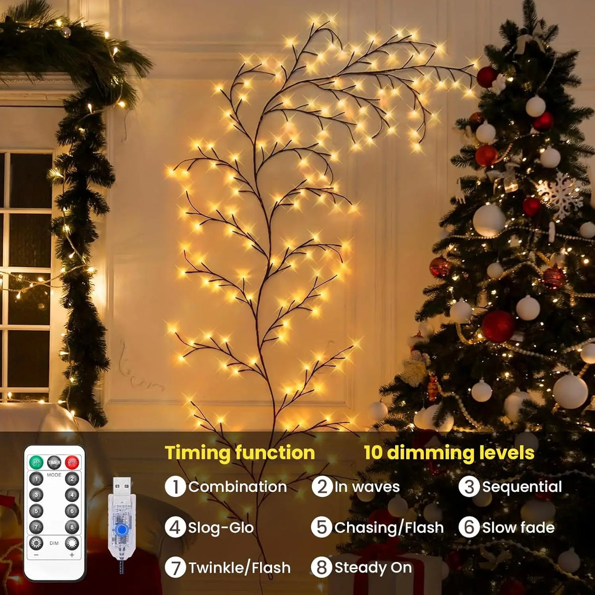 Bendable LED vine string lights with remote control showing various timing functions and dimming levels
