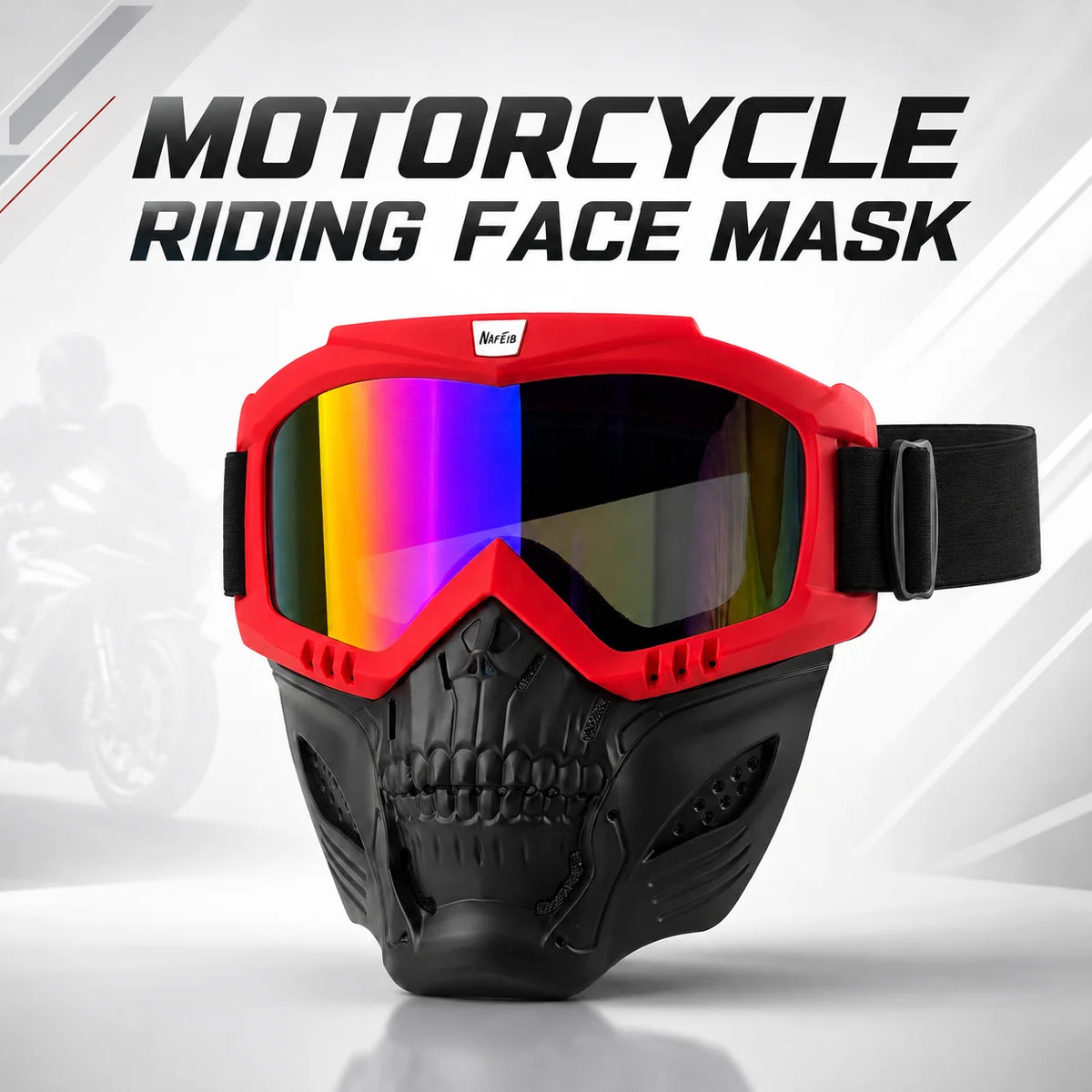 A red motorcycle riding face mask with tinted goggles is displayed on a white surface.