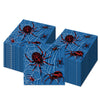 A stack of blue paper napkins featuring a Halloween theme with red and black spiders and skeletons.