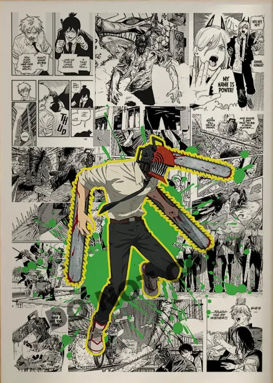 A black and white manga style illustration featuring Chainsaw Man characters in dynamic poses.