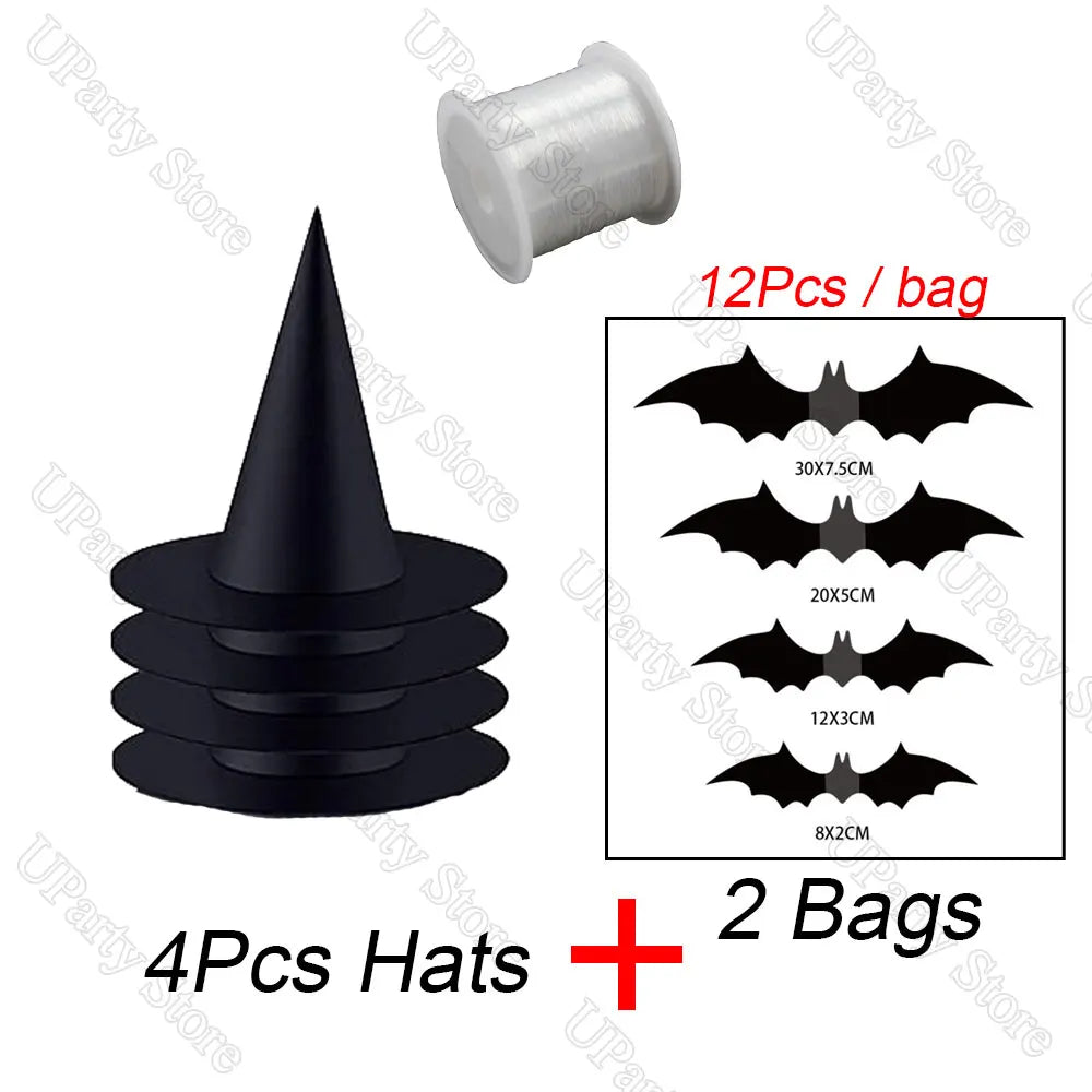 Set of four black witch hats with hanging ropes for Halloween decoration, packaged in two bags.