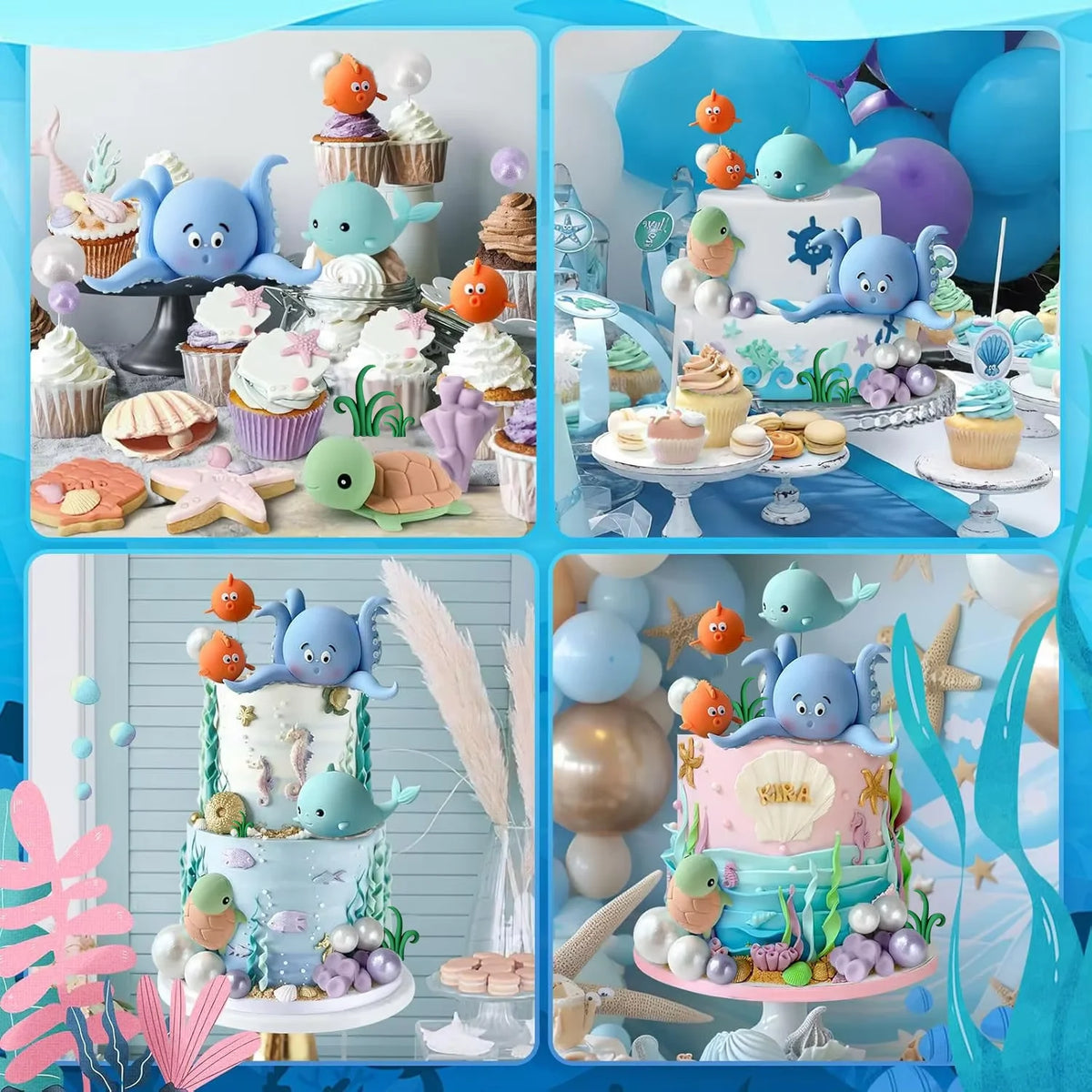 A set of ocean animals cake toppers and pearl balls for a sea-themed party display.