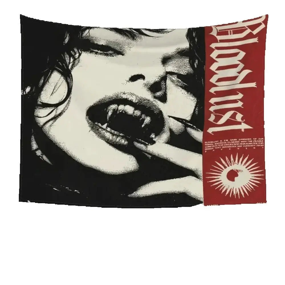 Illustration noir et blanc du visage d'une femme avec des ombres dramatiques et le texte rouge « Bloodlust»