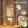 A height adjustable lamp featuring a glass shade and a candle warmer base, shown next to various sized candles.