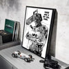A framed print featuring a gritty, black and white illustration of a character with a chainsaw head.