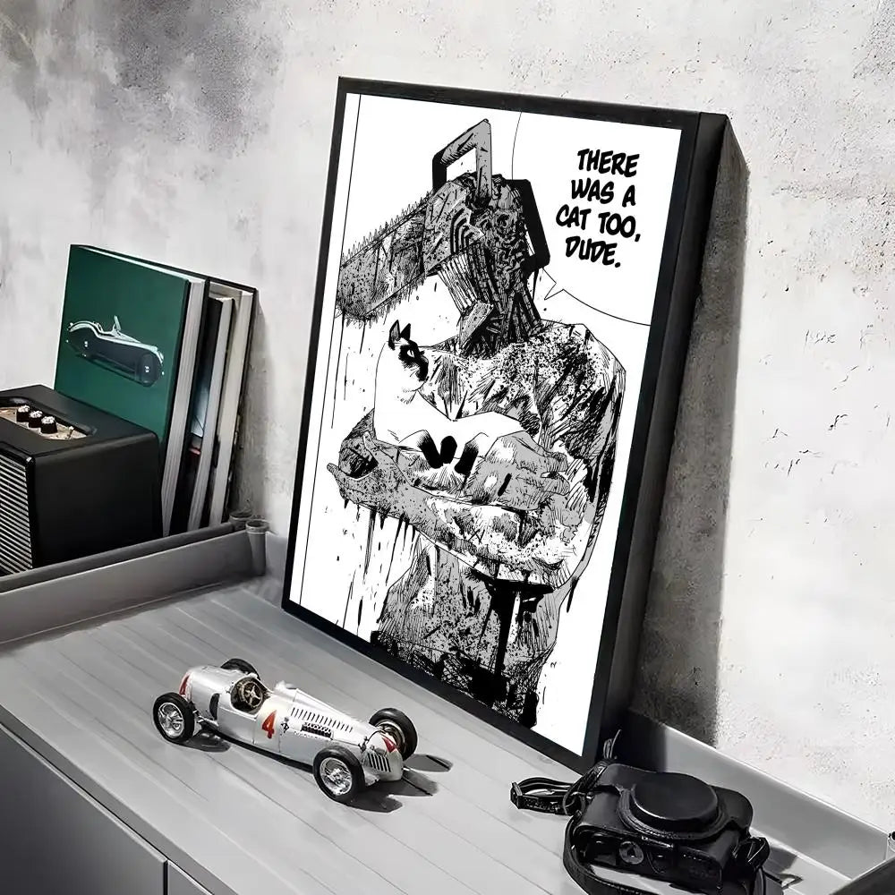 A framed print featuring a gritty, black and white illustration of a character with a chainsaw head.