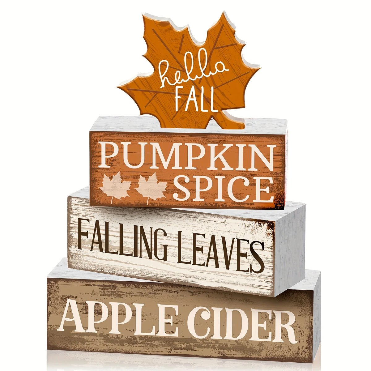 A tiered set of rustic wooden trays featuring maple leaf designs and labels for pumpkin spice, falling leaves, and apple cide