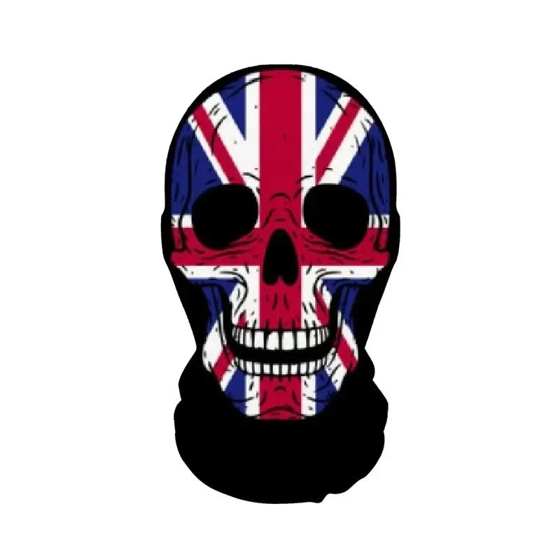 A skull face mask design featuring the Union Jack flag pattern in red, white, and blue.