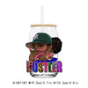 A dark-skinned woman wearing a green cap is featured on a clear tumbler with purple and gold lettering.