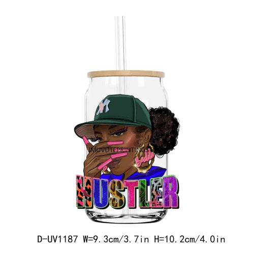 A dark-skinned woman wearing a green cap is featured on a clear tumbler with purple and gold lettering.