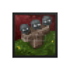 A framed piece of pixel art depicting a dark, reddish-brown landscape with shadowy, rounded objects.