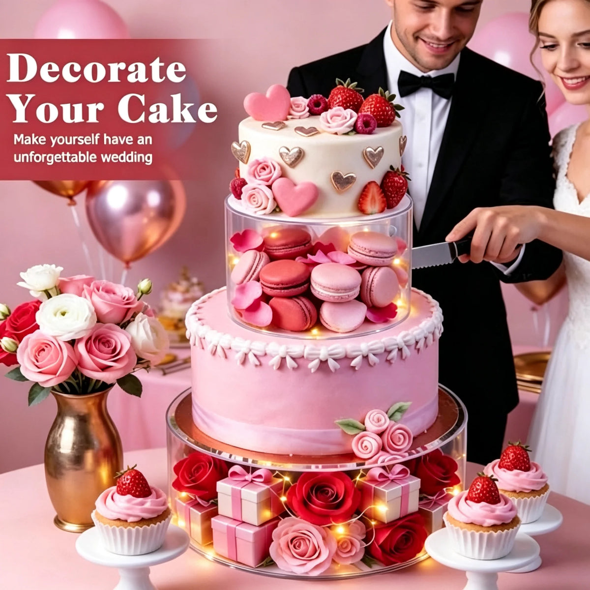 A tiered pink cake decorated with strawberries and roses is displayed on a clear acrylic stand.
