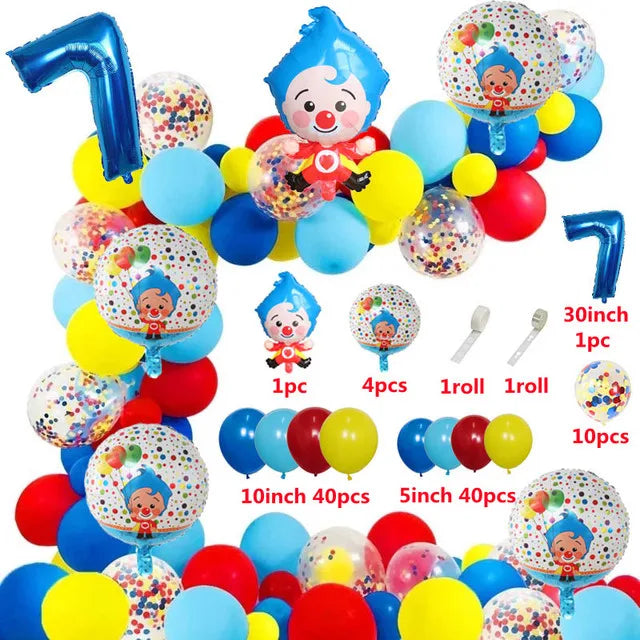 A colorful party balloon set featuring cartoon clown designs in various colors and sizes.