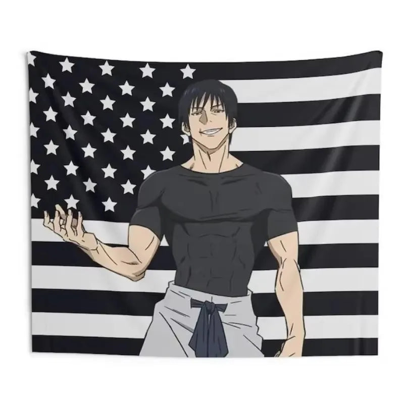 Anime style wall art featuring a muscular male character against an American flag background