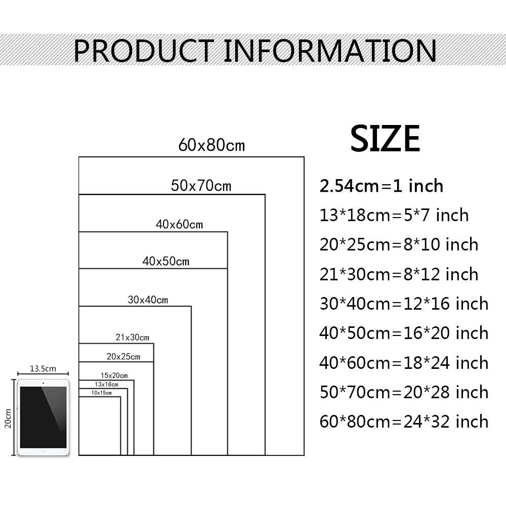 Diagram showing various sizes of a canvas print, including 60x80cm and 50x70cm dimensions.