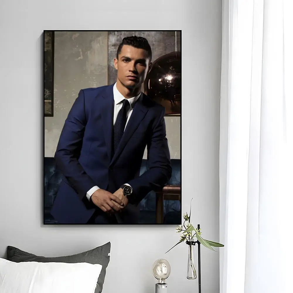 A modern wall art print featuring a portrait of Cristiano Ronaldo in a blue suit.