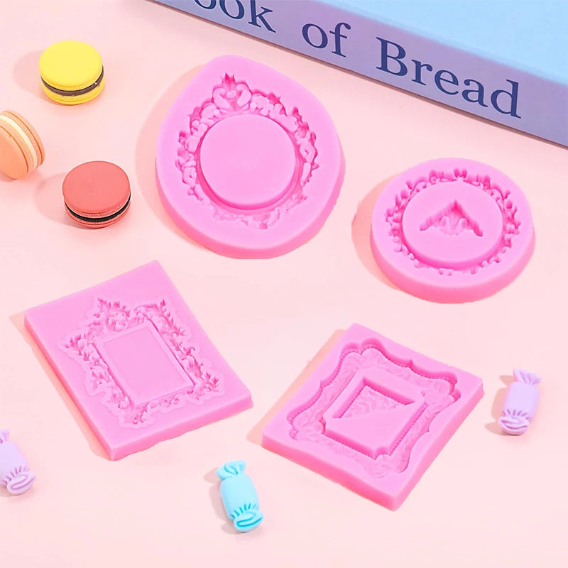 Four pink silicone frame molds for chocolate clay and crafts displayed on a light pink background.
