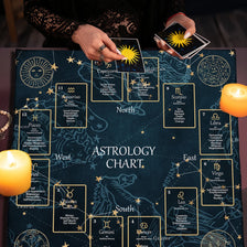 A dark blue altar cloth featuring an astrology chart with zodiac signs and celestial symbols, with hands holding a tarot card