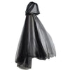 Elegante schwarze Braut-Hexe-Umhang mit durchscheinendem, fließendem Stoff