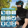 A man wearing a black breathable full head mask and athletic shirt is shown outdoors, highlighting features for outdoor activ