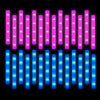A display of numerous vertical LED foam glow sticks in pink and blue light modes.