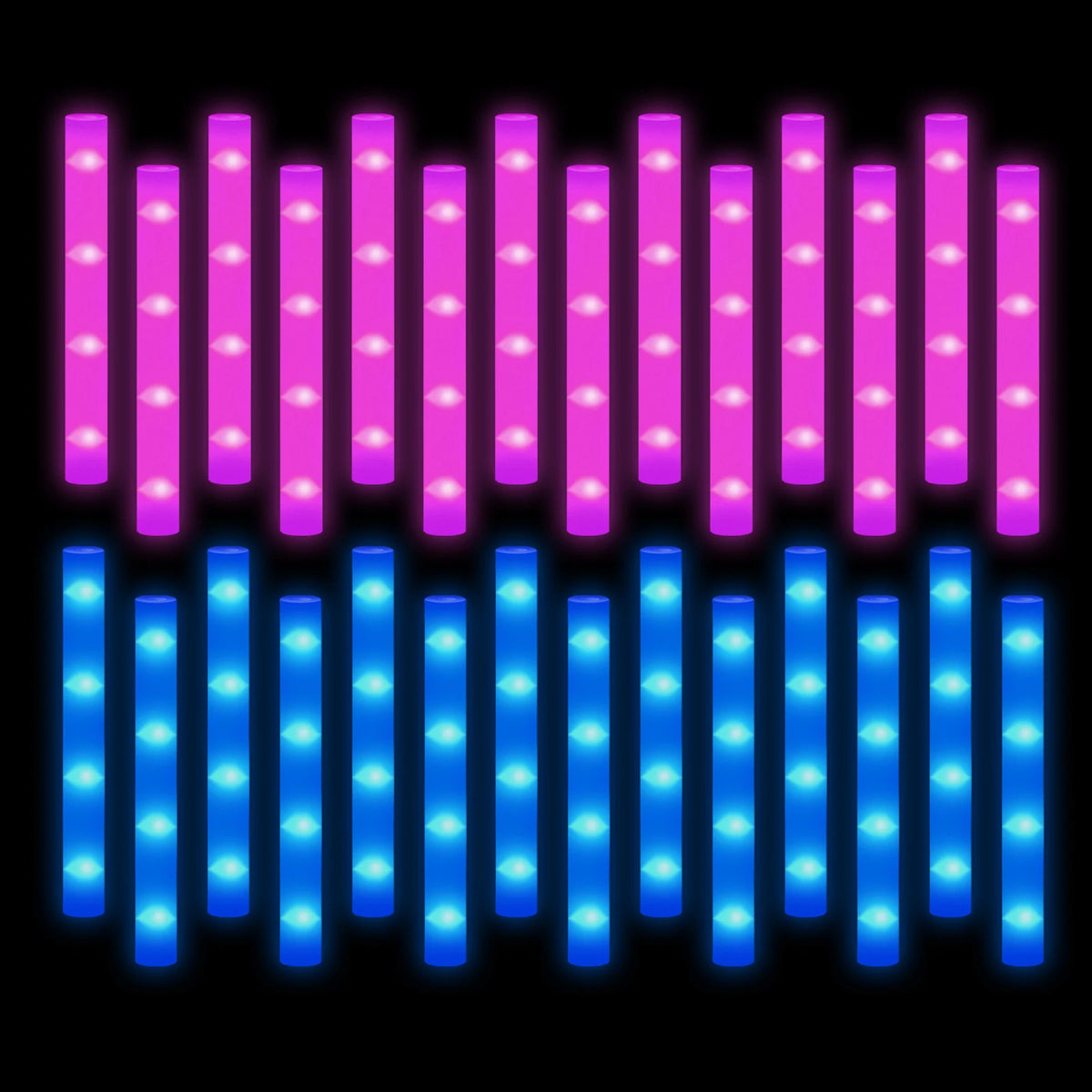 A display of numerous vertical LED foam glow sticks in pink and blue light modes.