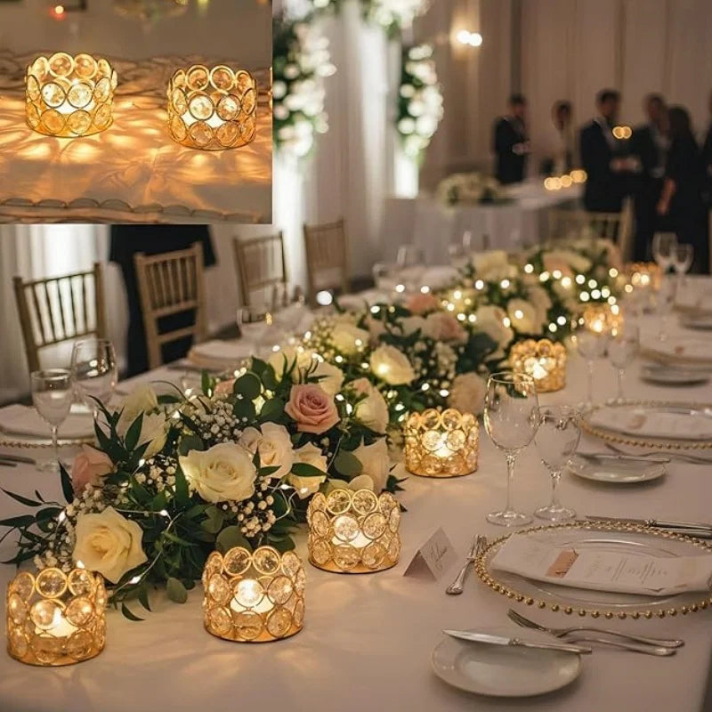 A close-up of a gold crystal tealight candle holder with a metal base on a white table setting.