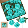 A box filled with lifelike teal foam roses for wedding and home décor, with several individual roses displayed below.