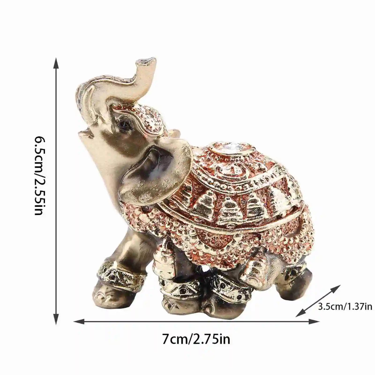 Golden Feng Shui elephant statue for wealth and good fortune, showing a detailed decorative figure.
