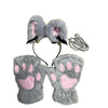 Gray faux fur cat paw gloves with pink pads and a matching decorative headband
