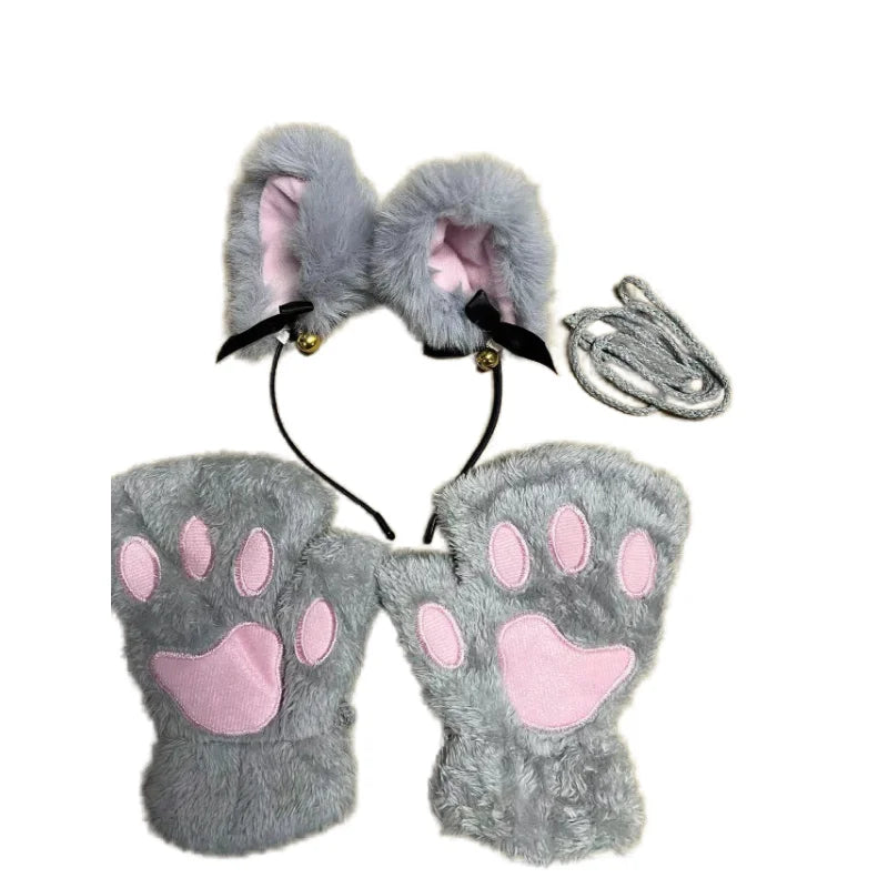 Gray faux fur cat paw gloves with pink pads and a matching decorative headband