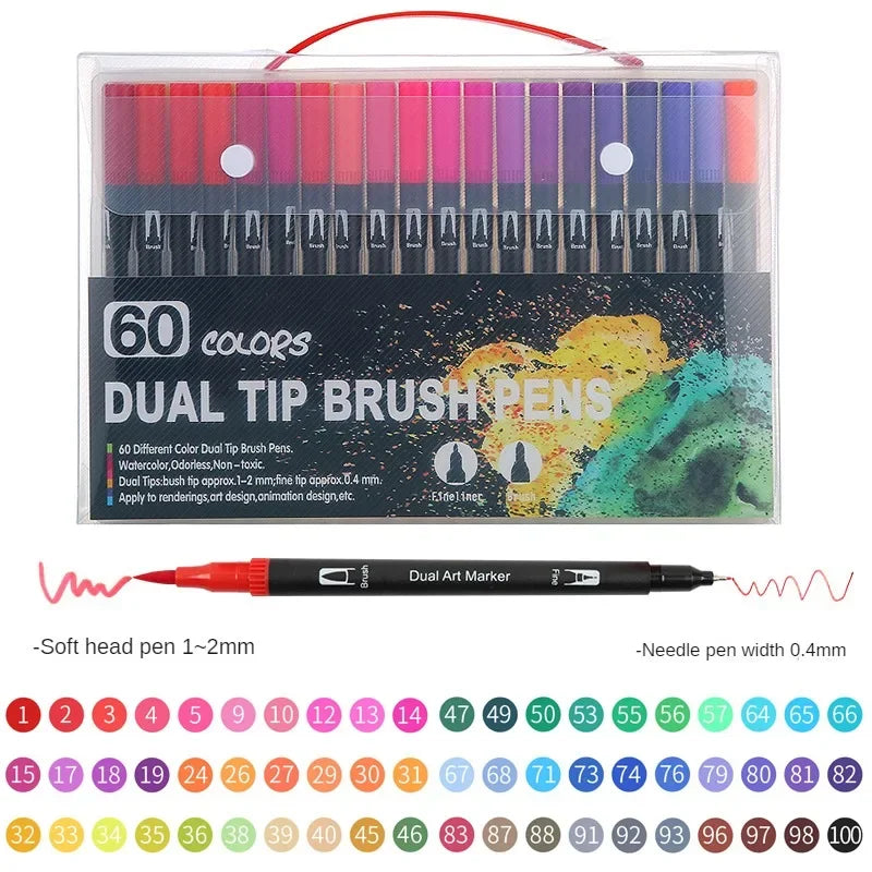A set of 60 dual tip brush pens featuring various colors and tips for art and design.