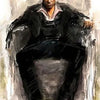 Peinture dramatique d'un homme en costume assis, ressemblant au personnage Scarface.
