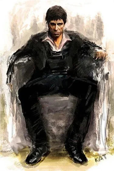 Peinture dramatique d'un homme en costume assis, ressemblant au personnage Scarface.