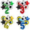 Un kit de décoration pour ballon de football comprenant une chaussure verte, une étoile noire et un numéro trois rouge.