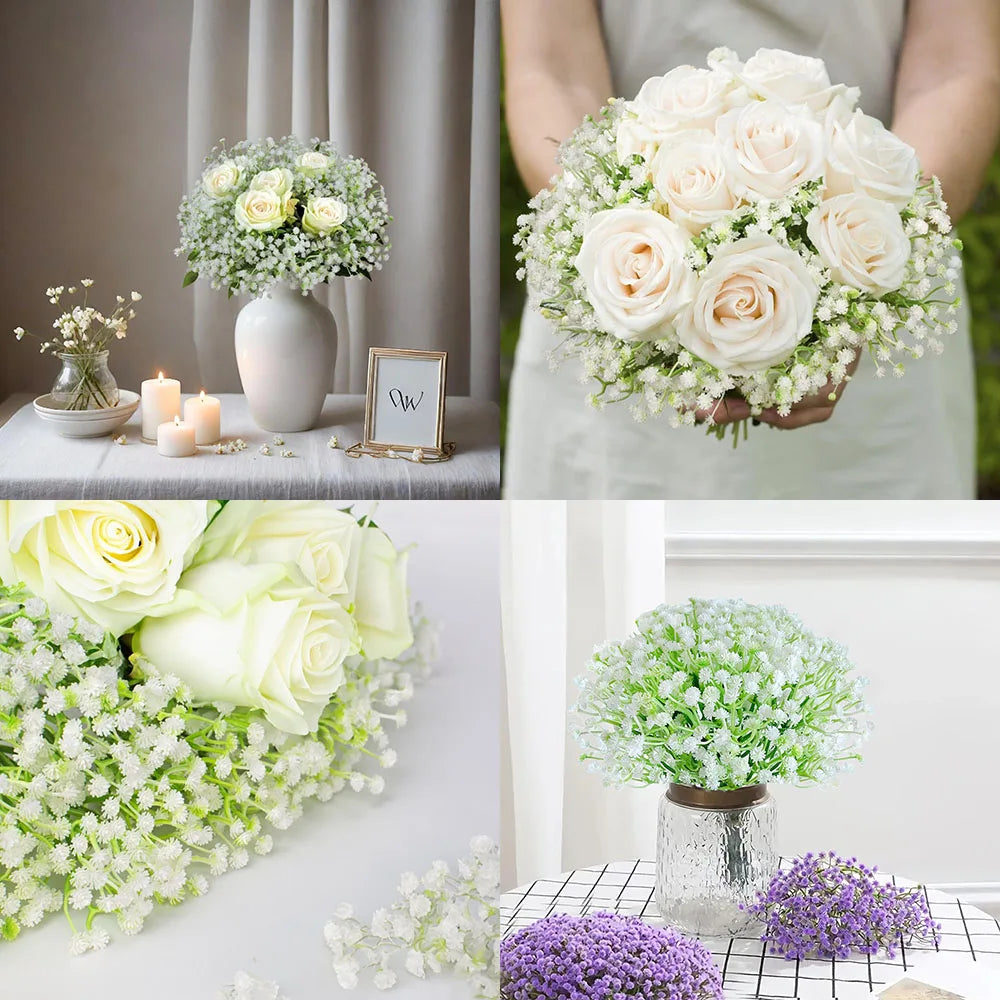 A bouquet of white roses and baby's breath flowers in a silver vase