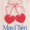A watercolor illustration of two red cherries tied with a pink bow on a light background.