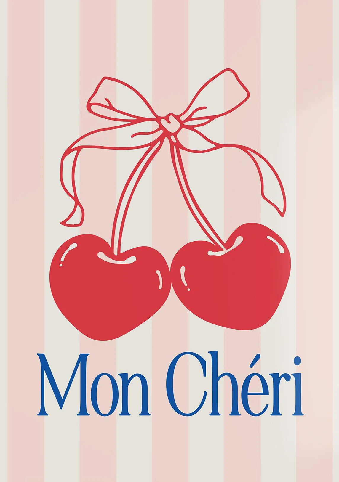 A watercolor illustration of two red cherries tied with a pink bow on a light background.
