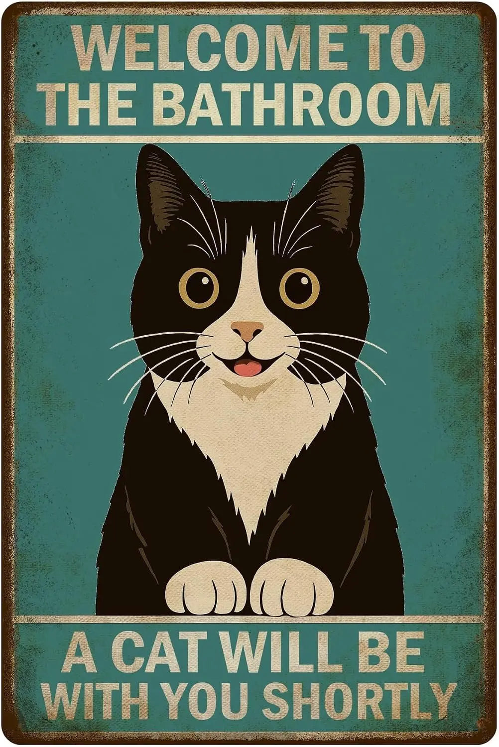 A black and white cat looking forward with wide eyes, set against a teal background, on a vintage metal sign.
