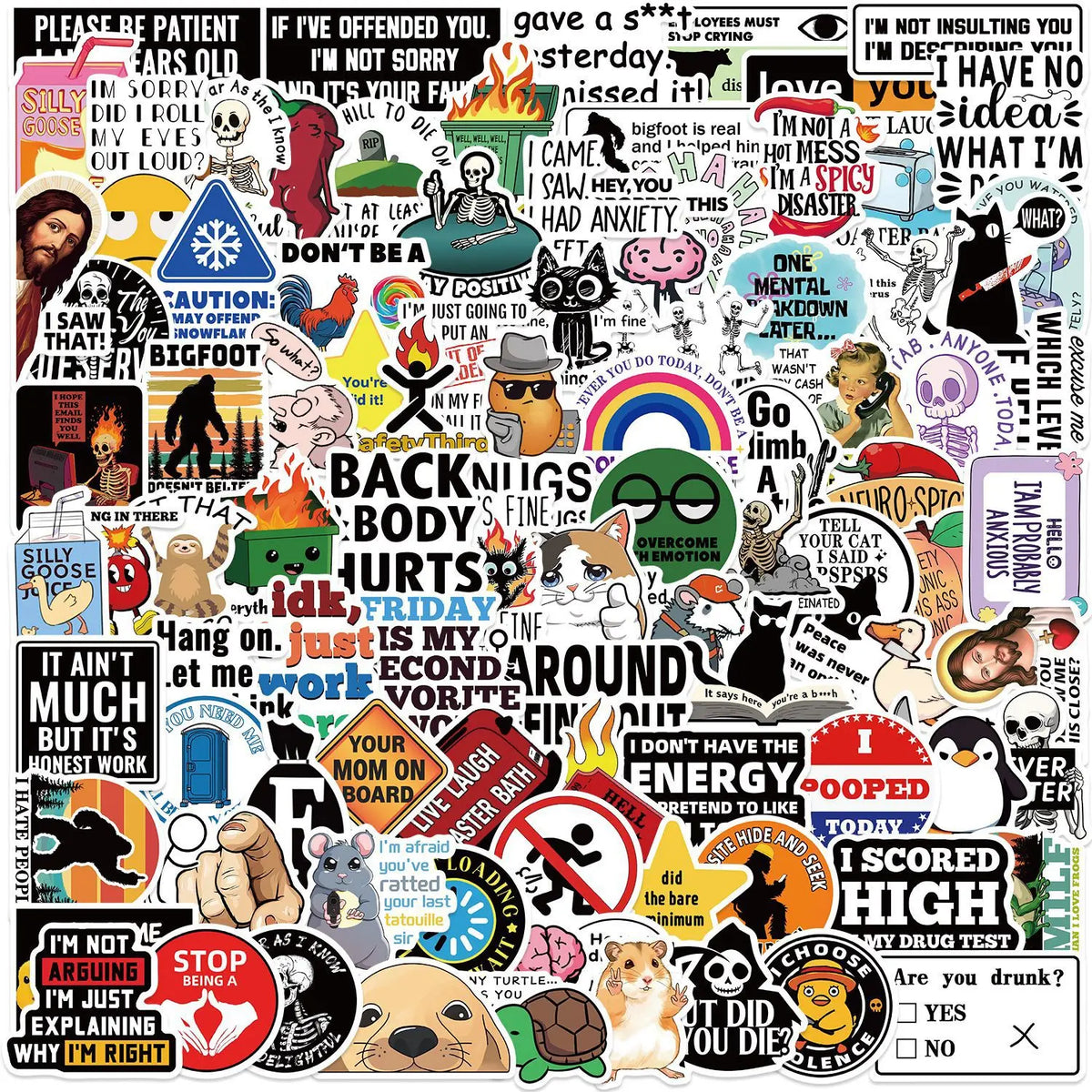 Colección de calcomanías y pegatinas de memes de dibujos animados con diversos textos y personajes divertidos.