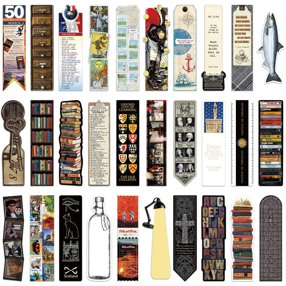 A collection of 50 decorative cartoon reading bookmarks featuring various designs and illustrations.