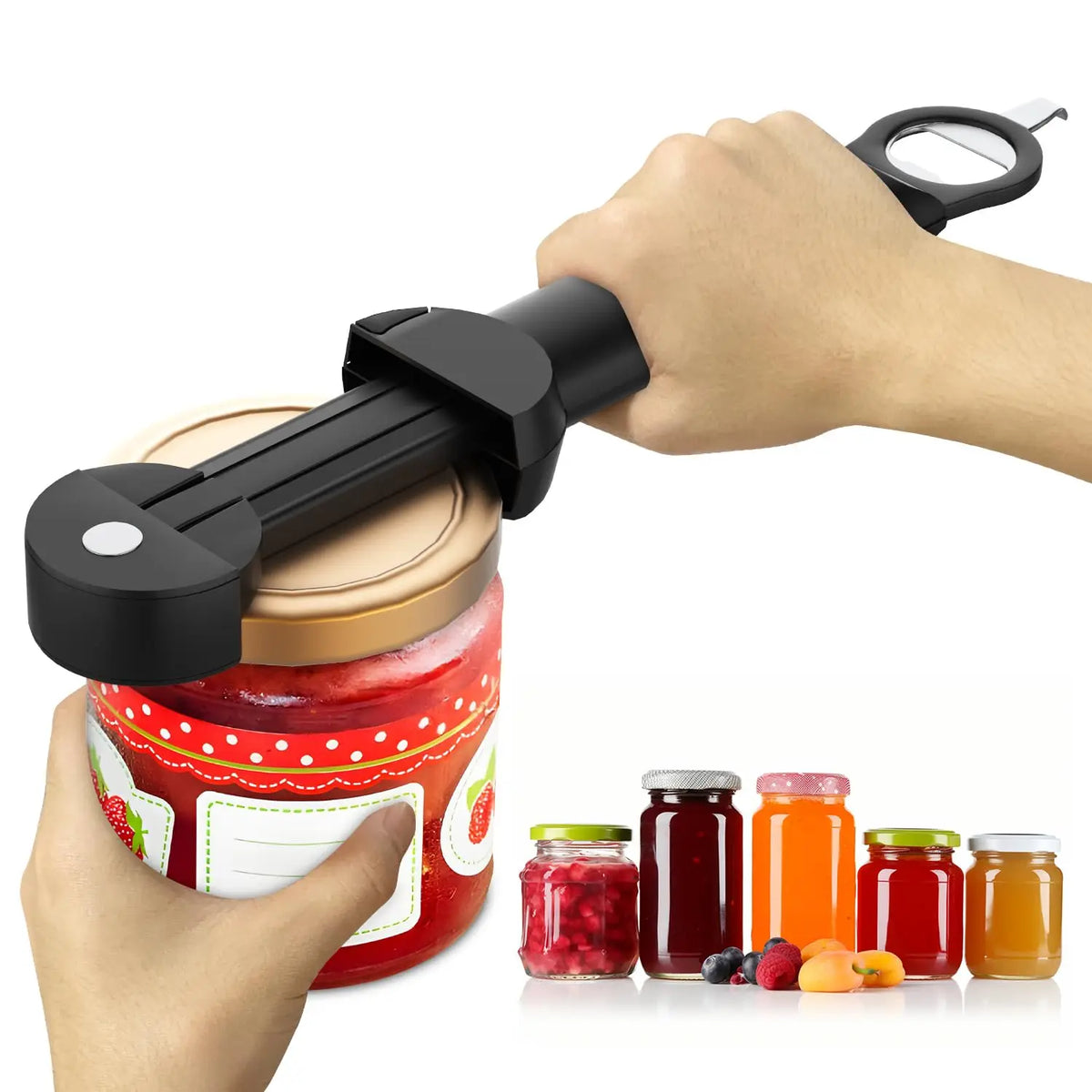 A hand is using a black ergonomic jar and bottle opener set to open a red glass jar.