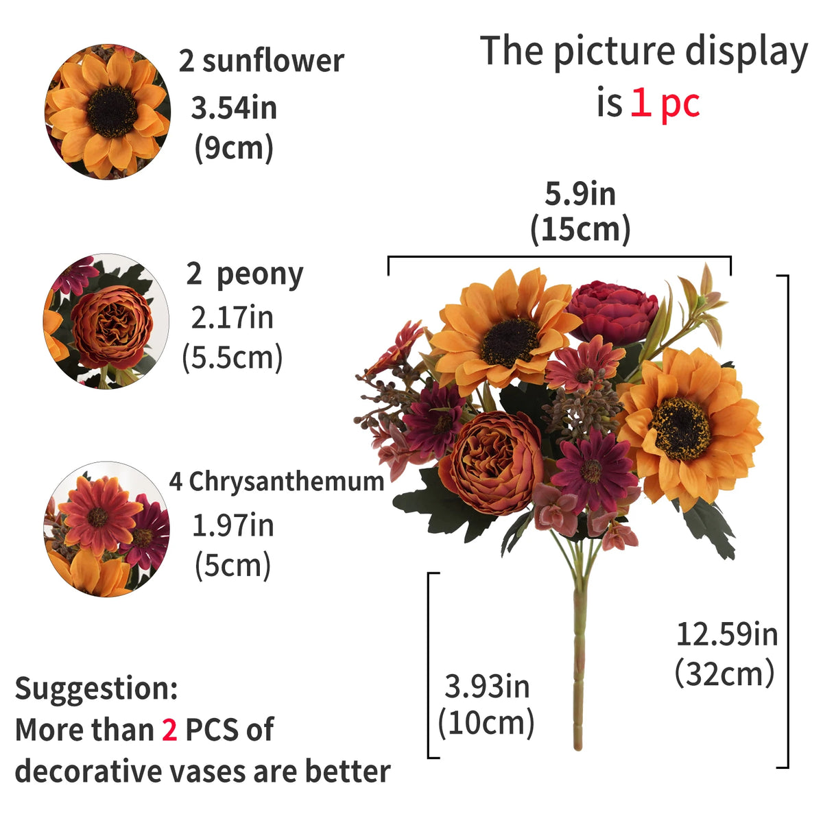 Bouquet de tournesol et de pivoine artificiels sur une tige.
