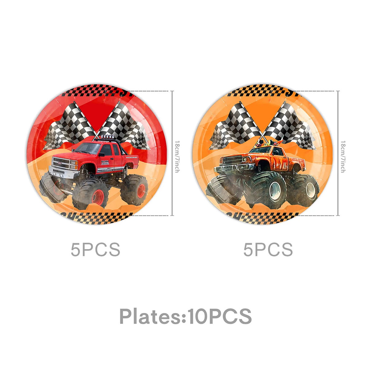 Set of 10 plates for a monster truck birthday party decoration kit featuring orange and red trucks