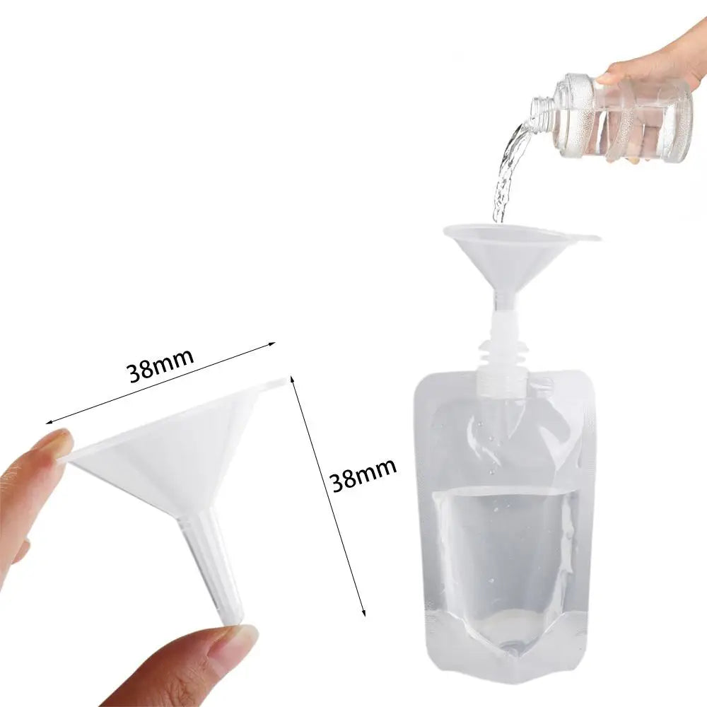 A hand pours liquid into a clear reusable squeezable drink pouch, showing the product's size dimensions.