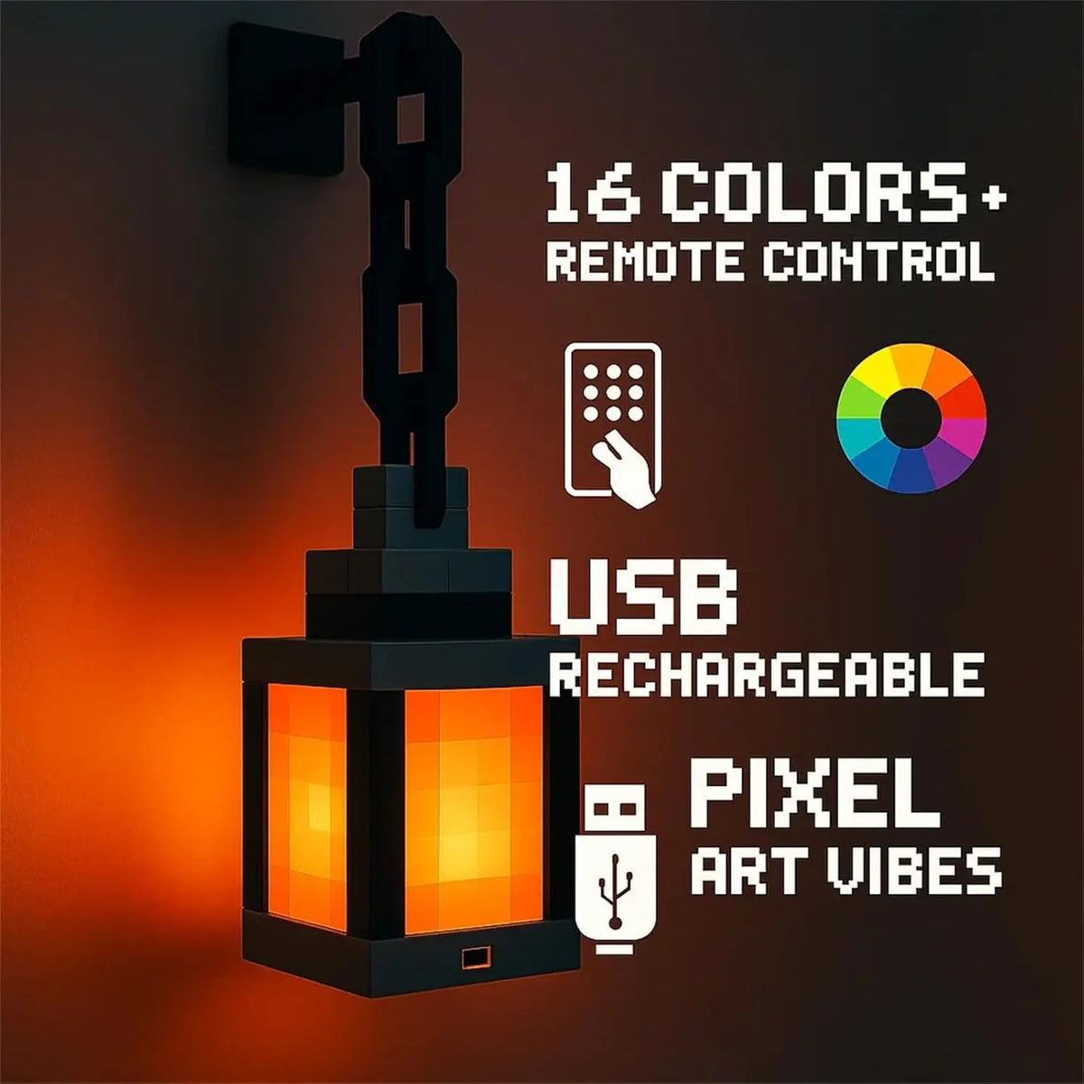Lampe de nuit LED style pixel avec télécommande et batterie rechargeable USB.