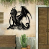 A black metal dragon wall sculpture with large wings is mounted on a light-colored wall.