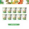 A set of ten green cups featuring dinosaur designs for a birthday party.